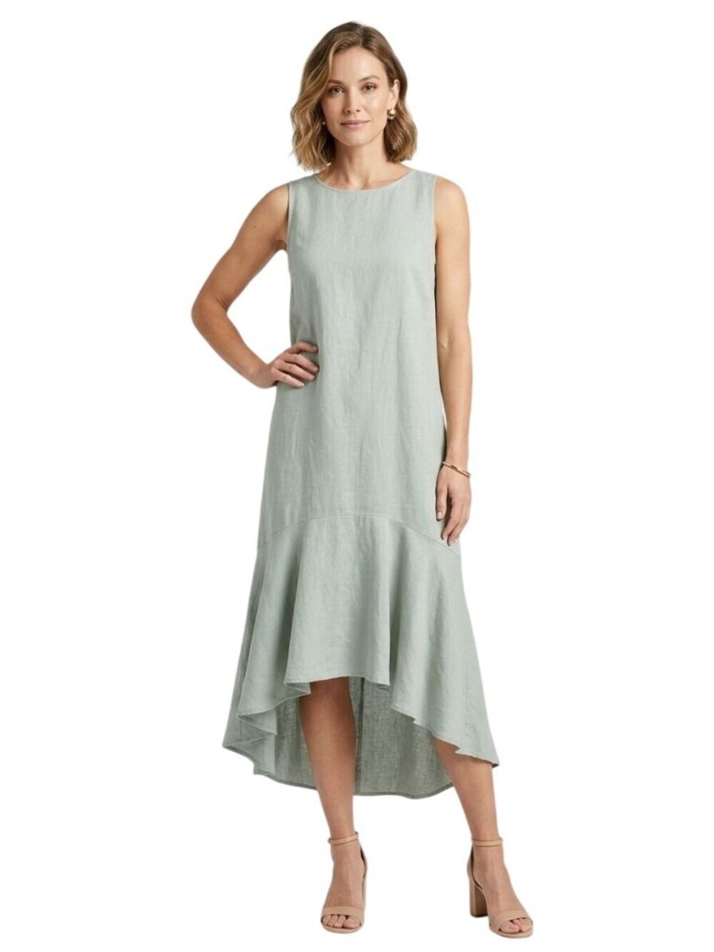 Cynthia Rowley Pale Green Linen Blend Sleeveless High Low Hem Midi Dress Size M
